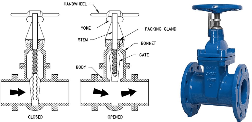 Gate valve components and flow path diagram for industrial valve supplier UAE